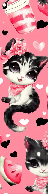 Free kawaii cats bookmark featuring a happy kitten with watermelon